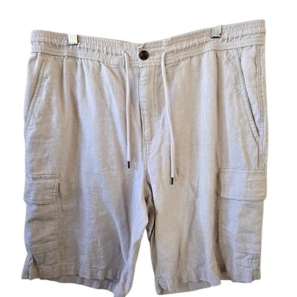 Cubavera Mens Linen Drawstring Shorts Large Beige Elastic Waist Casual Cargo